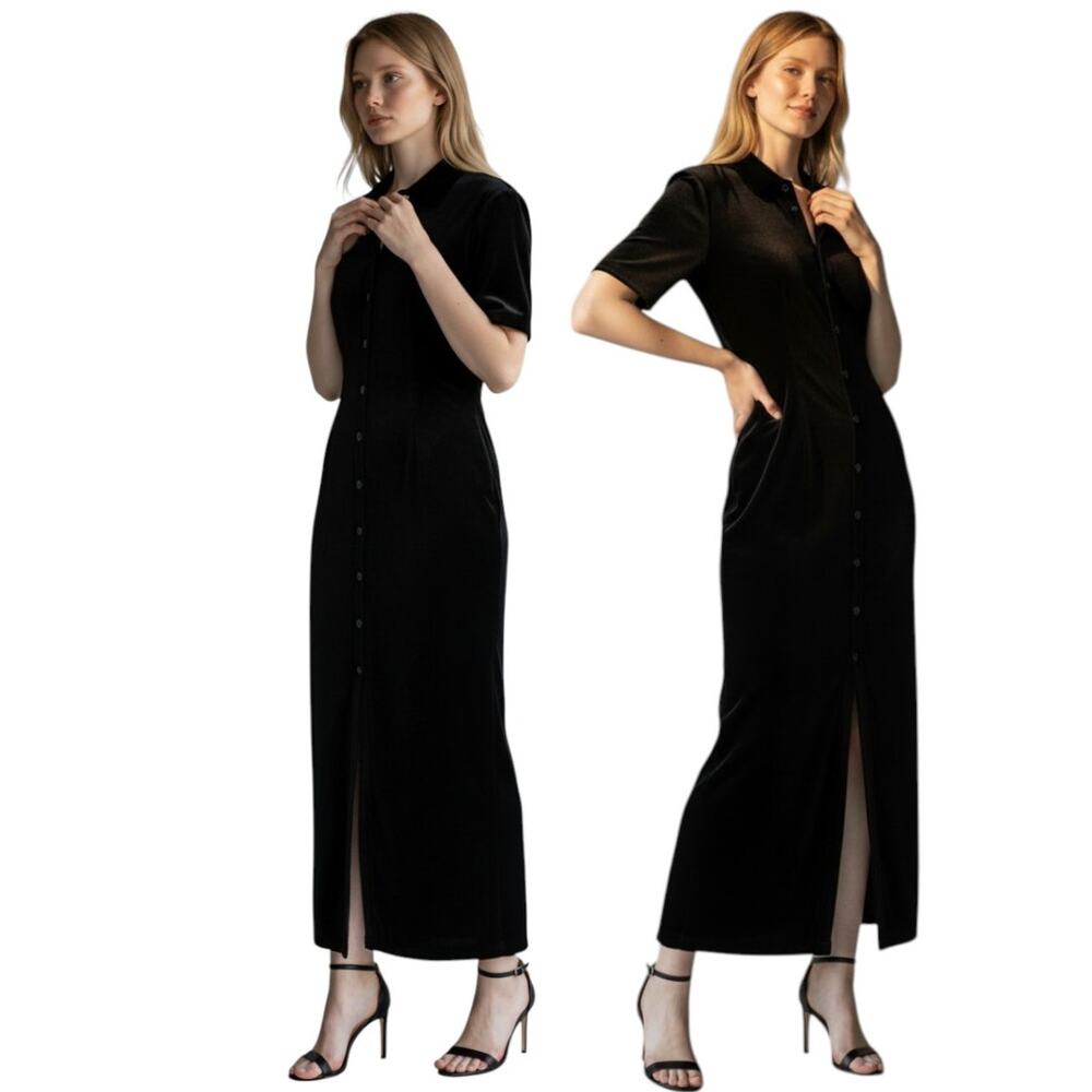 Amanda Smith Women's Maxi Dress,  Black Velvet Button Front Size 14
